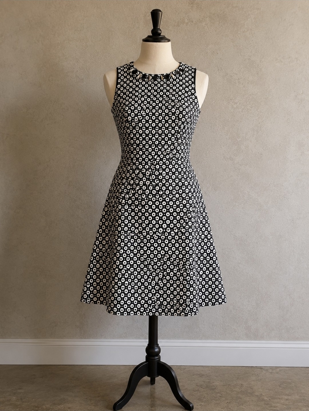 Classic Black and White Textured Fit-and-Flare Dress